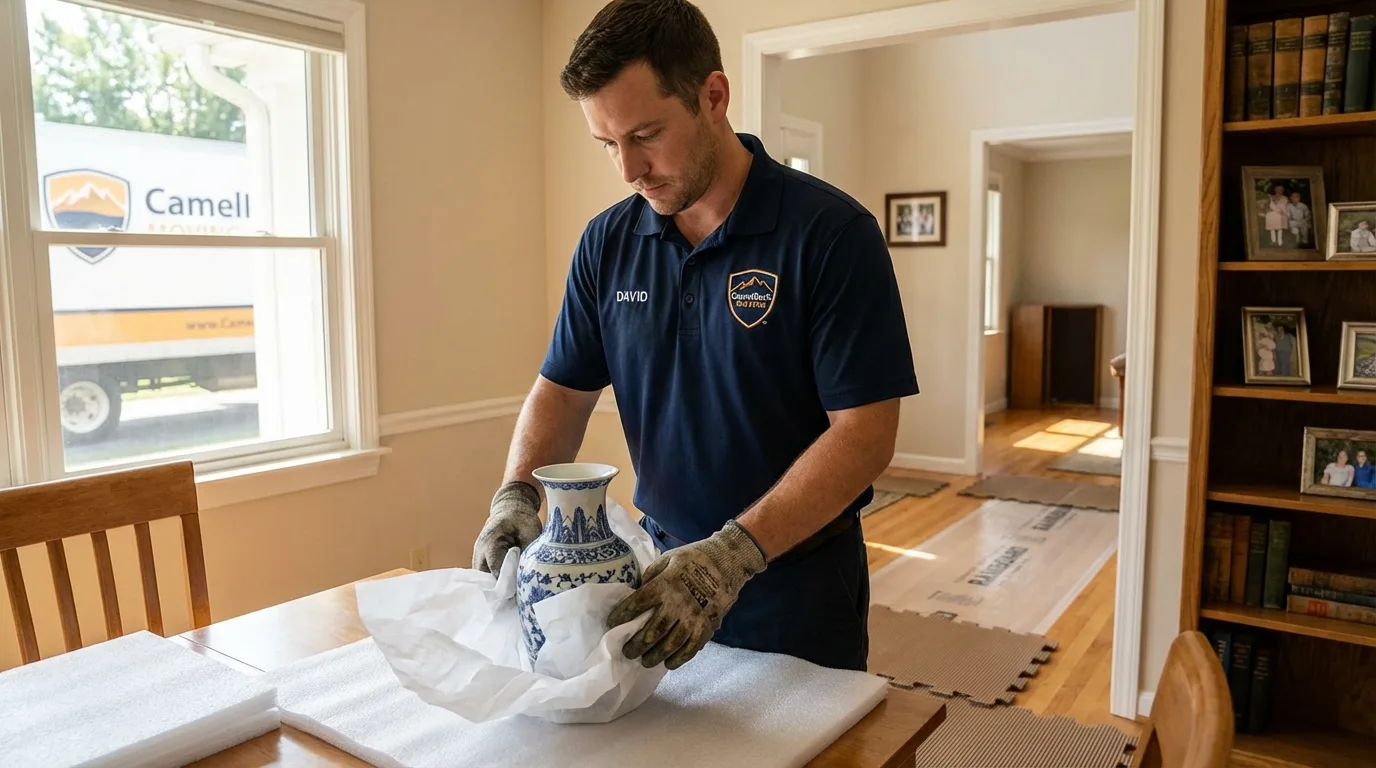 Professional crew carefully wrapping antique vase for senior downsizing move in Mount Vernon, KY